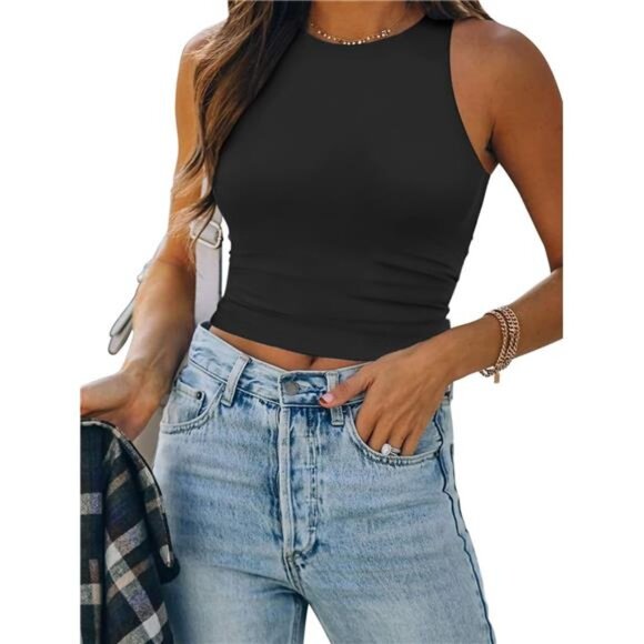 Women's High Neck Racerback Crop Tank – Stretchy Sleeveless Workout & Casual Top - Picture 1 of 5
